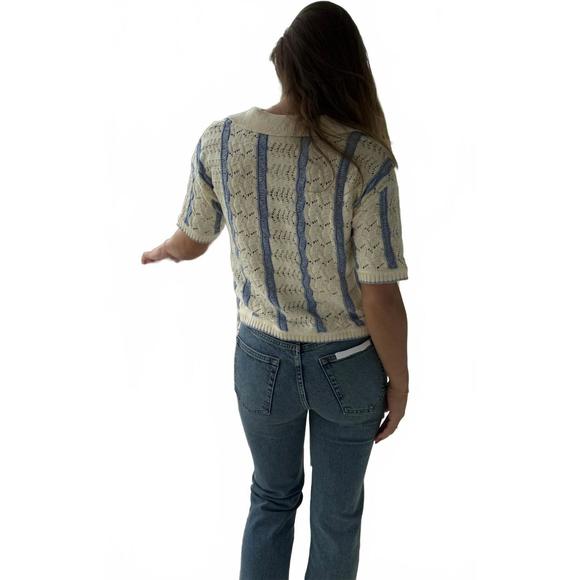 NEW CENTRAL PARK WEST novelty stitch polo pullover top in ivory combo - Picture 4 of 4